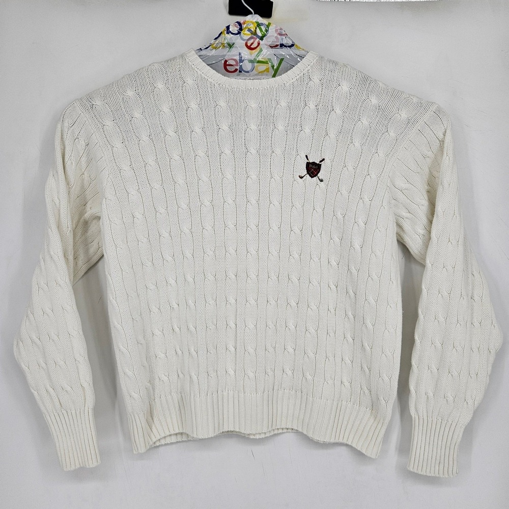 Vintage Polo Ralph Lauren Sweater Mens Large Cable Knit Crew Neck Shield White